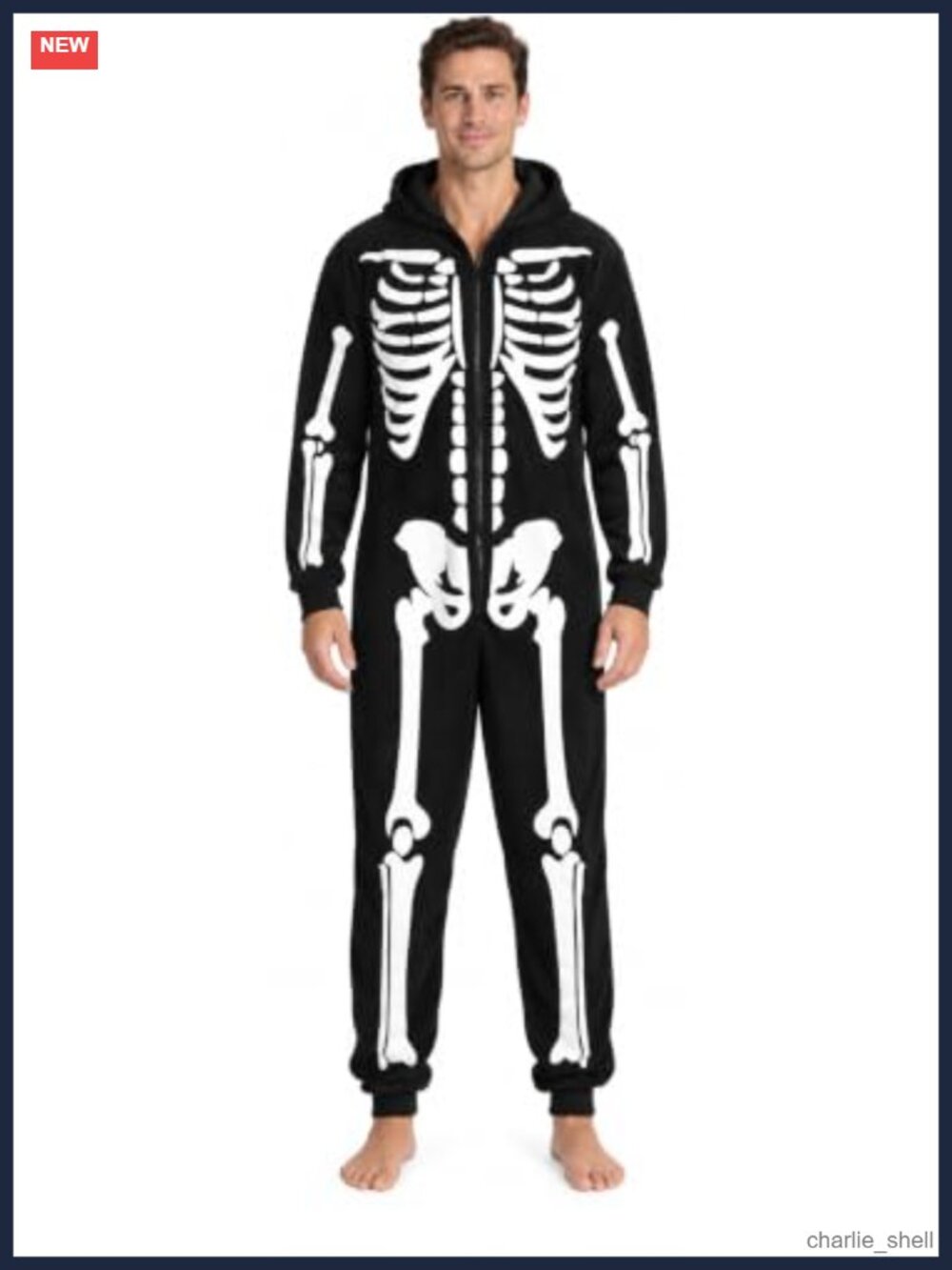 Men's Fleece Hooded Onesie Pajama Skeleton Print Front Zip Pockets
